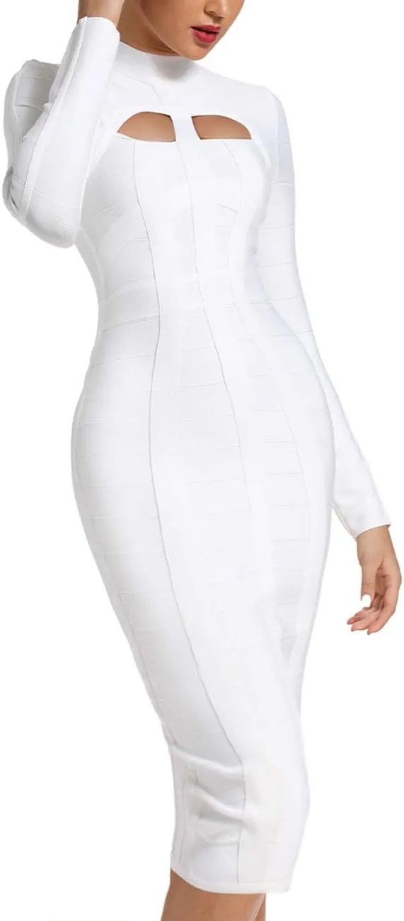 Whoinshop Women's Cut Out Long Sleeve Party Bandage Dress Clubwear Midi