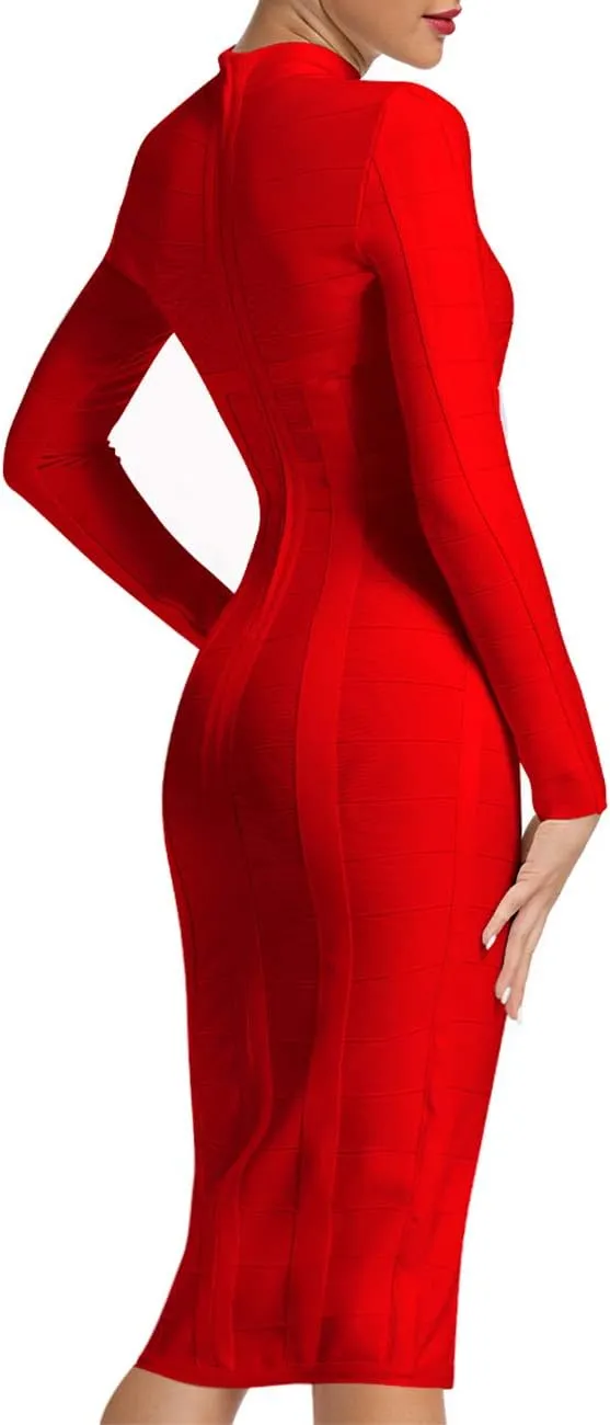Whoinshop Women's Cut Out Long Sleeve Party Bandage Dress Clubwear Midi