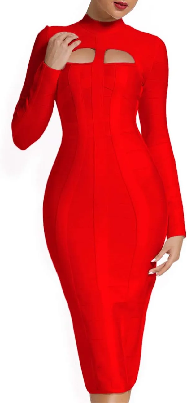 Whoinshop Women's Cut Out Long Sleeve Party Bandage Dress Clubwear Midi