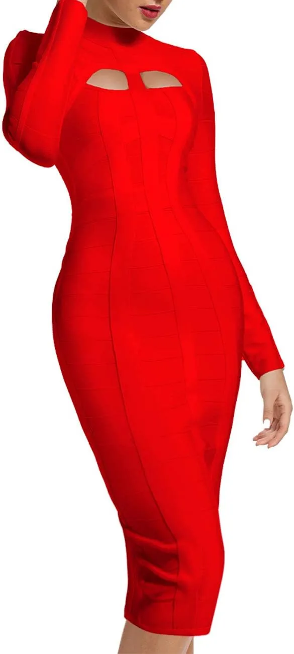 Whoinshop Women's Cut Out Long Sleeve Party Bandage Dress Clubwear Midi