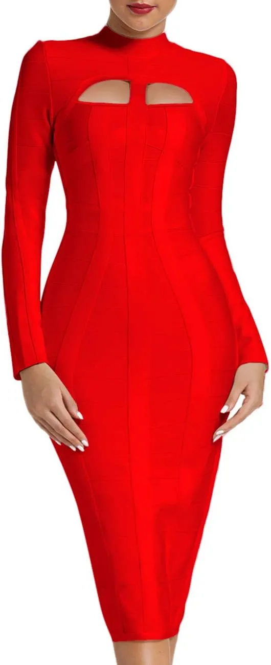 Whoinshop Women's Cut Out Long Sleeve Party Bandage Dress Clubwear Midi