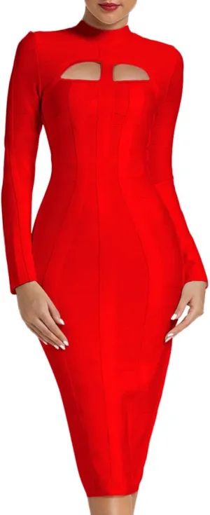 Whoinshop Women's Cut Out Long Sleeve Party Bandage Dress Clubwear Midi