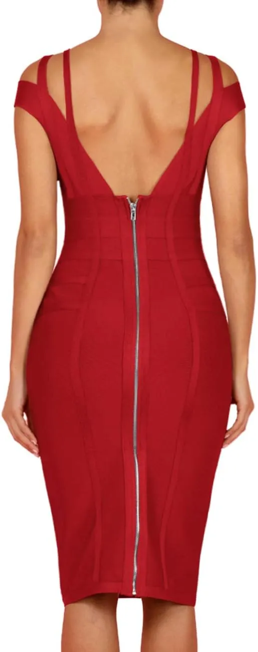 Whoinshop Women's Rayon Sexy V Neck Bodycon Clubwear Party Bandage Dress