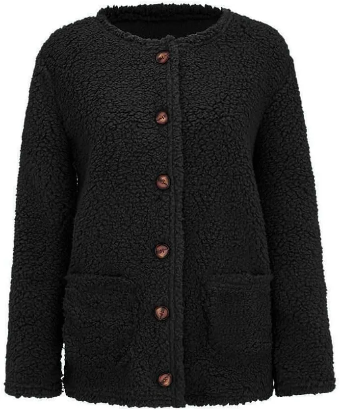Winter Fuzzy Popcorn Cardigan for Women Open Front Button Down Fleece Sweater Coat Shaggy Sherpa Outwear with Pockets