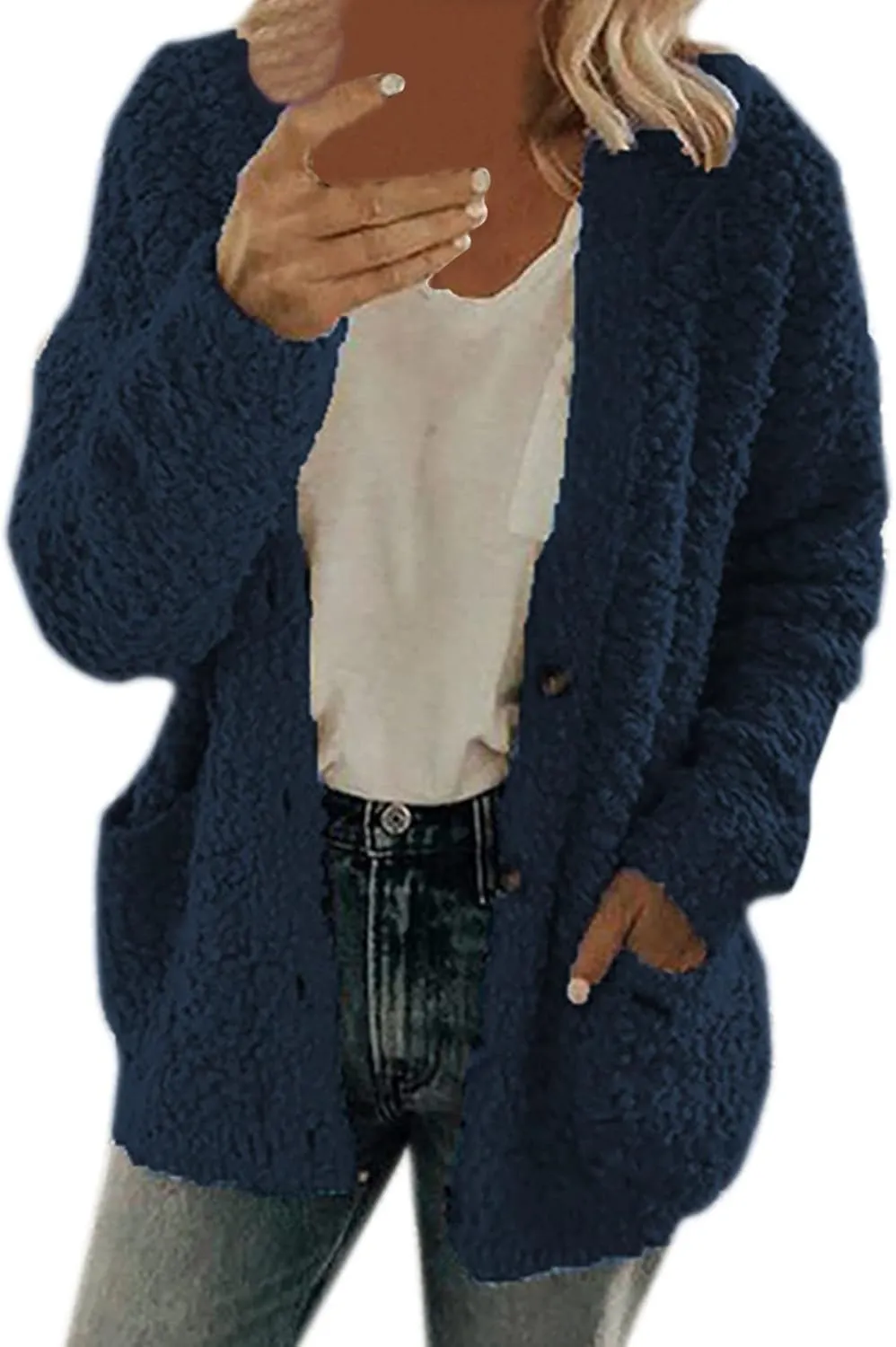 Winter Fuzzy Popcorn Cardigan for Women Open Front Button Down Fleece Sweater Coat Shaggy Sherpa Outwear with Pockets