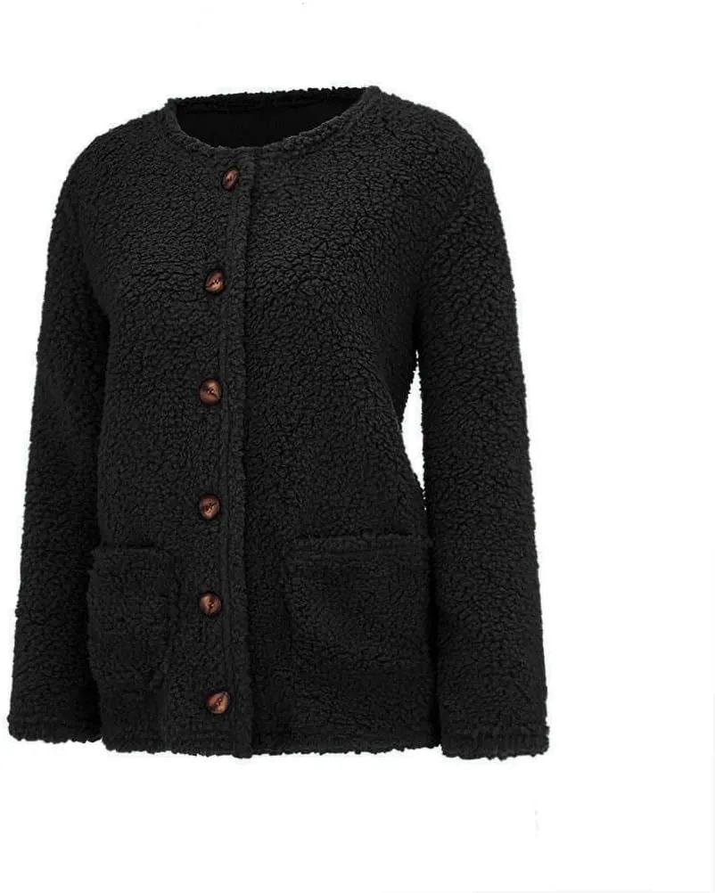 Winter Fuzzy Popcorn Cardigan for Women Open Front Button Down Fleece Sweater Coat Shaggy Sherpa Outwear with Pockets