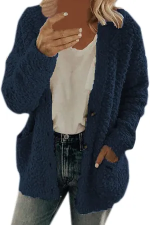 Winter Fuzzy Popcorn Cardigan for Women Open Front Button Down Fleece Sweater Coat Shaggy Sherpa Outwear with Pockets