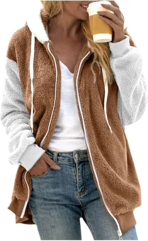 Winter Jackets for Women Women'S Fashion Winter Color Block Fuzzy Fleece Coat Casual Puffer Fluffy Outdoor Teddy Bear Jacket