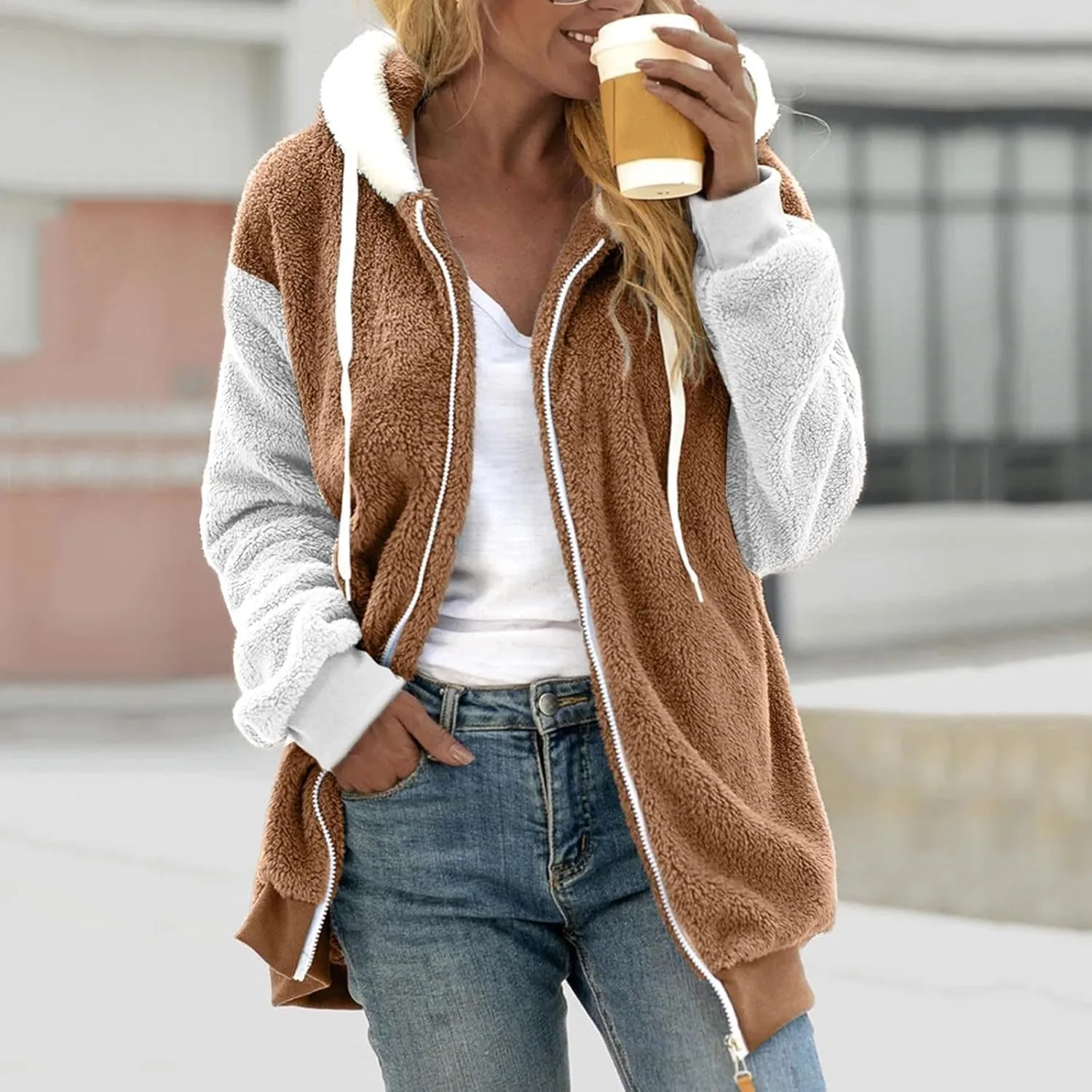 Winter Jackets for Women Women'S Fashion Winter Color Block Fuzzy Fleece Coat Casual Puffer Fluffy Outdoor Teddy Bear Jacket