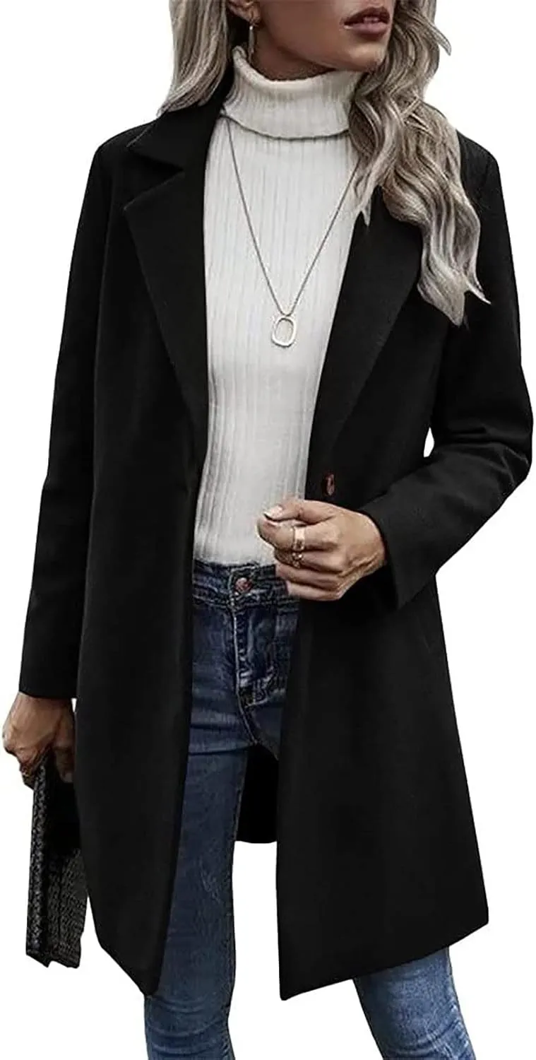 Wkishenl Women's Wool Blend Coat Fall Winter Fashion Lapel Collar Trench Coat Solid Color Single Breasted Jackets Outerwear