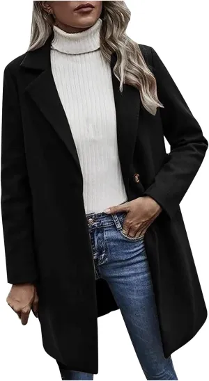 Wkishenl Women's Wool Blend Coat Fall Winter Fashion Lapel Collar Trench Coat Solid Color Single Breasted Jackets Outerwear