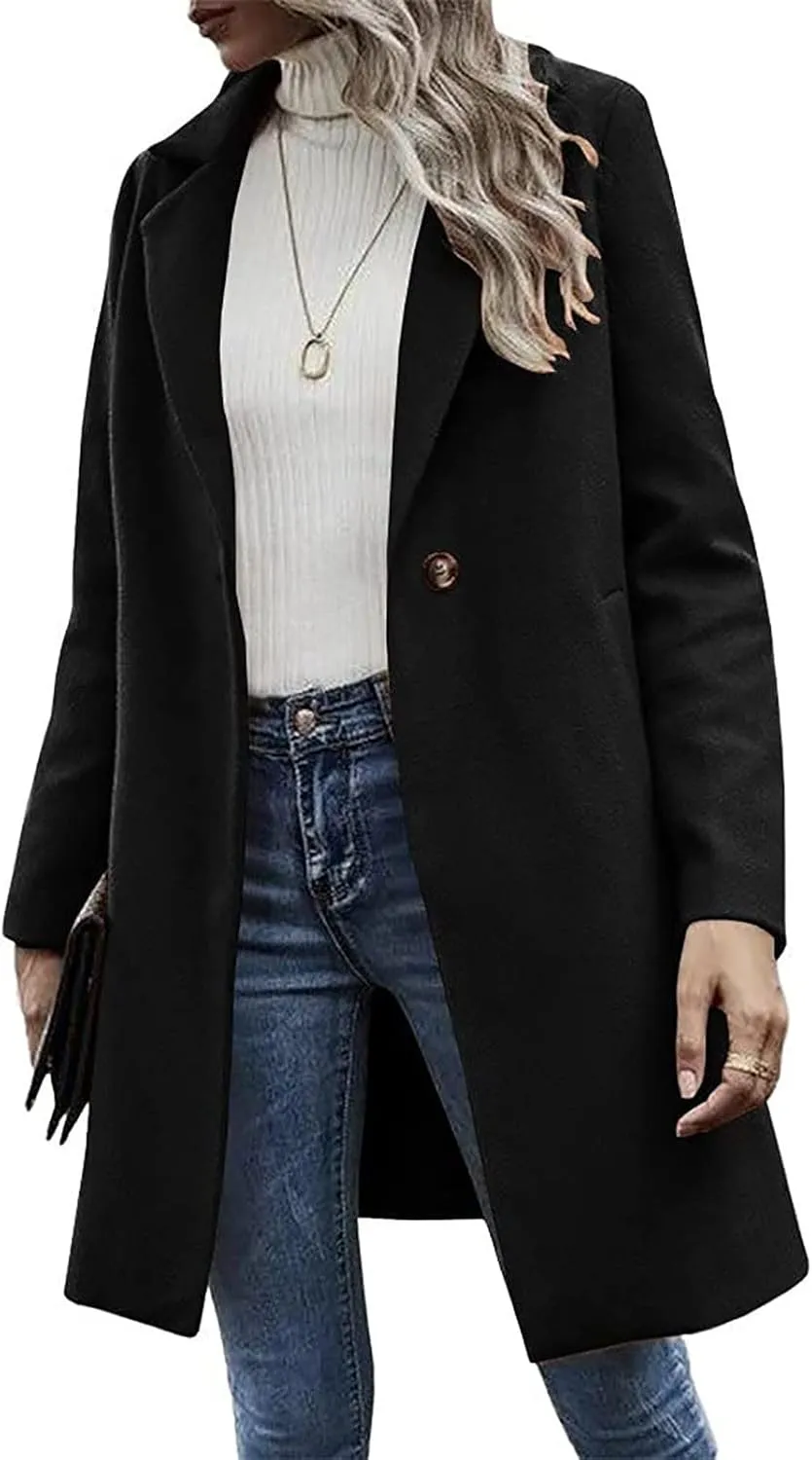 Wkishenl Women's Wool Blend Coat Fall Winter Fashion Lapel Collar Trench Coat Solid Color Single Breasted Jackets Outerwear