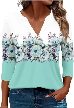 Women 3/4 Sleeve Floral Tops Dressy Casual Summer Blouses T Shirts V Neck Trendy Blouse Tunic Loose Fit Boho Clothing