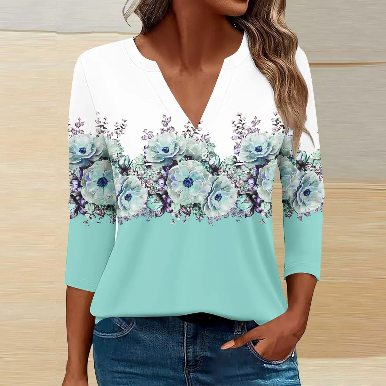 Women 3/4 Sleeve Floral Tops Dressy Casual Summer Blouses T Shirts V Neck Trendy Blouse Tunic Loose Fit Boho Clothing