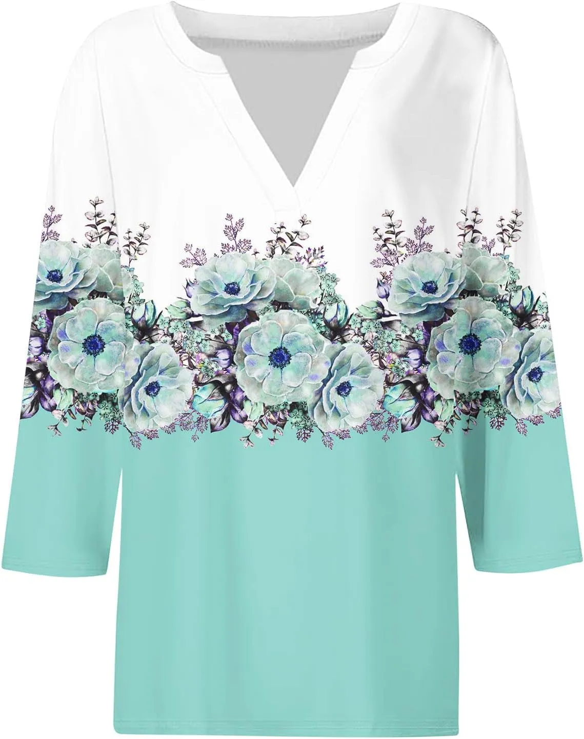 Women 3/4 Sleeve Floral Tops Dressy Casual Summer Blouses T Shirts V Neck Trendy Blouse Tunic Loose Fit Boho Clothing