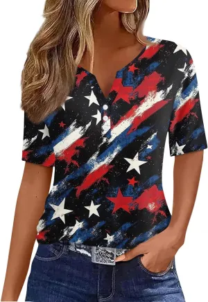 Women Button Down Shirt Henley Summer Tops V Neck Short Sleeve Blouses Trendy Graphic Tees Workout Outfits