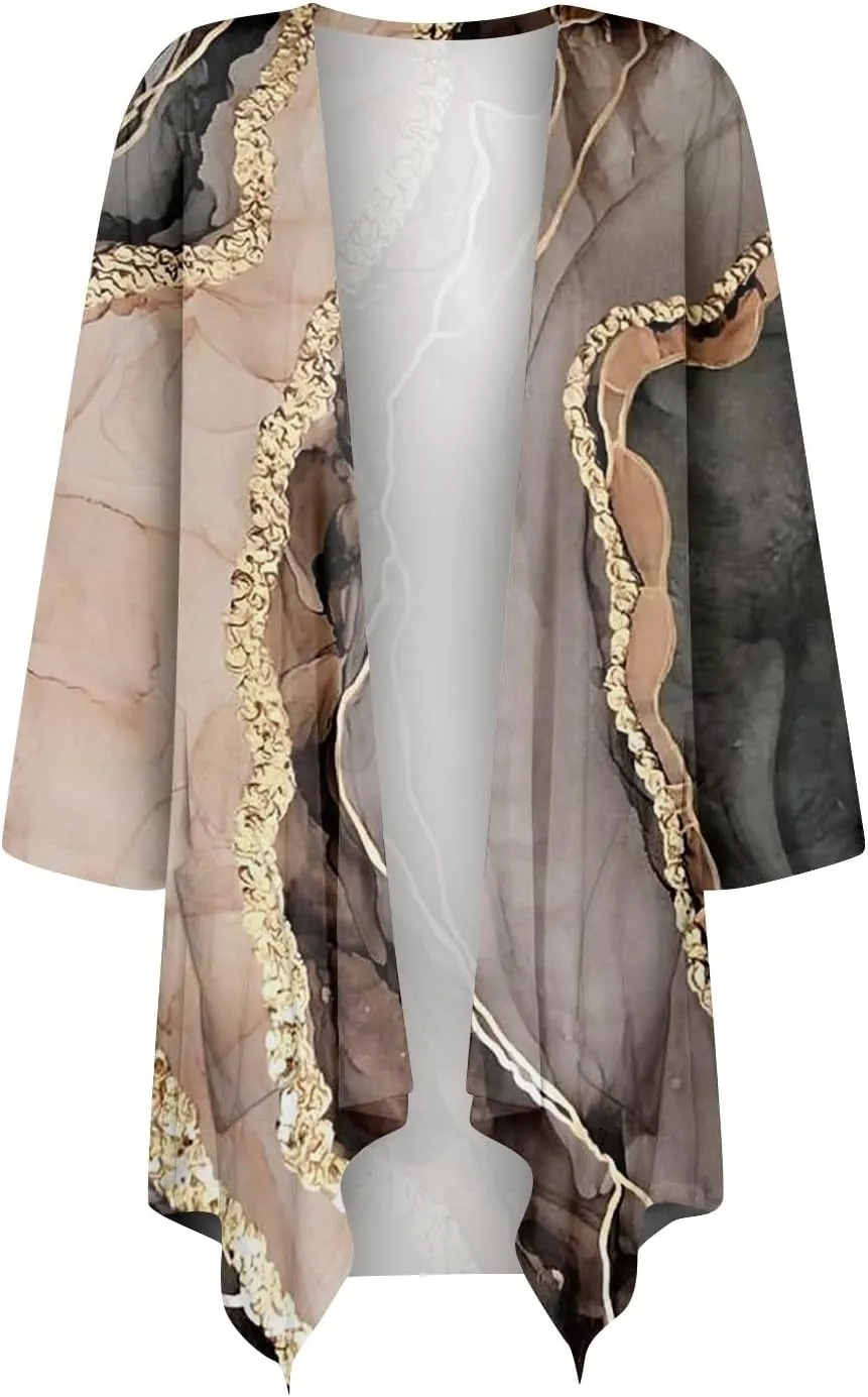 Women Cardigan 2024 3/4 Sleeve Tie Dye Funny Tops Loose Fit Lightweight Blouse Coat Shawl Collar Fall T Shirts