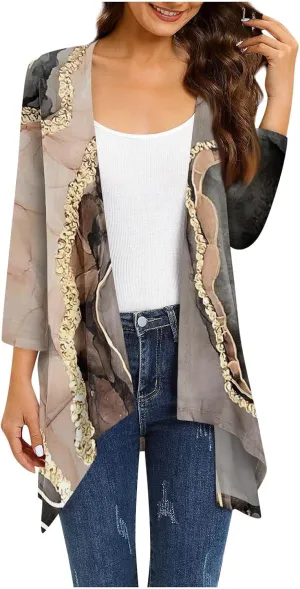 Women Cardigan 2024 3/4 Sleeve Tie Dye Funny Tops Loose Fit Lightweight Blouse Coat Shawl Collar Fall T Shirts