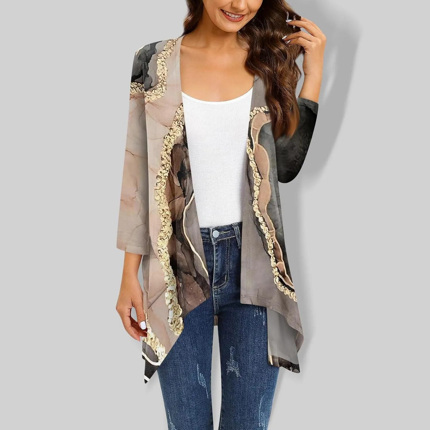 Women Cardigan 2024 3/4 Sleeve Tie Dye Funny Tops Loose Fit Lightweight Blouse Coat Shawl Collar Fall T Shirts