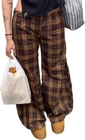 Women Casual Checkered Pants Vintage Loose Fit Gingham Elastic Waist Wide Straight Leg Trousers Y2K Comfy Streetwear