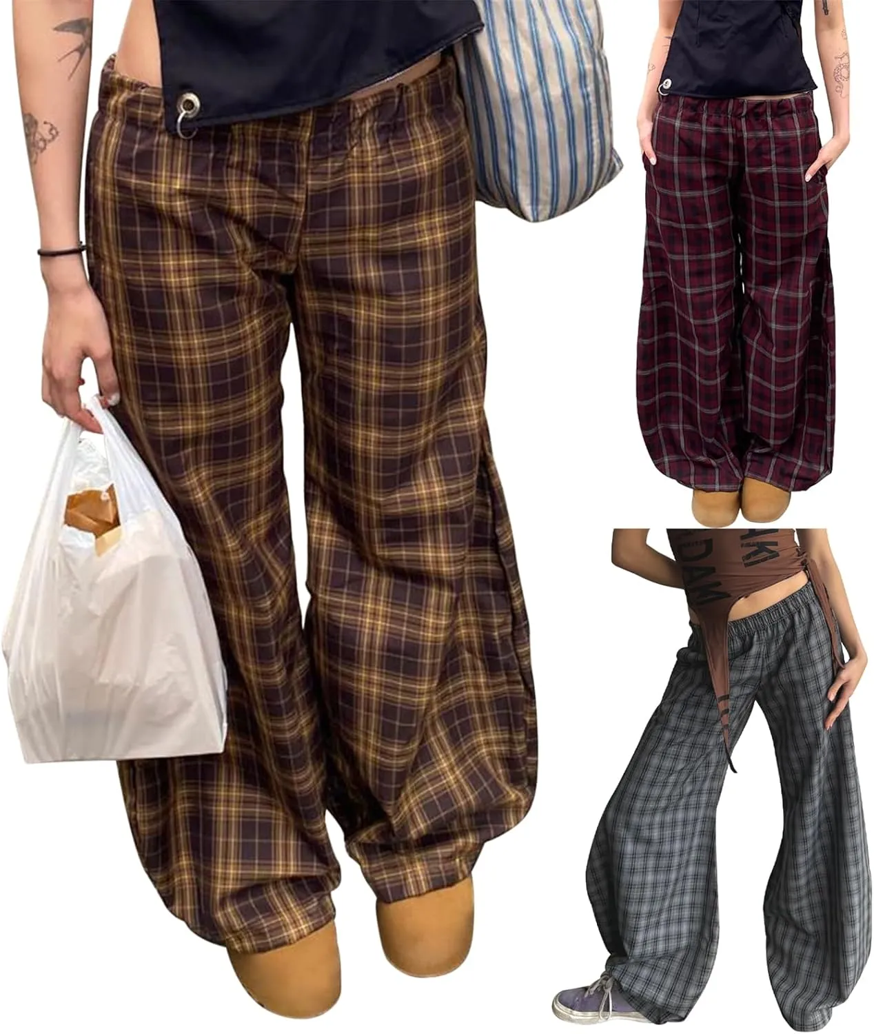 Women Casual Checkered Pants Vintage Loose Fit Gingham Elastic Waist Wide Straight Leg Trousers Y2K Comfy Streetwear