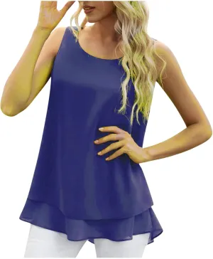 Women Chiffon Tunic Tank Tops Summer Flowy Double Layer Hem Casual Blouse Sleeveless Crewneck Cozy Lightweight Shirt