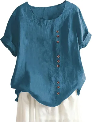 Women Cotton Linen Crew Neck Short Sleeve Basic Tunic Tee Front Button Going Out Casual Shirts Beach Tops Blouse