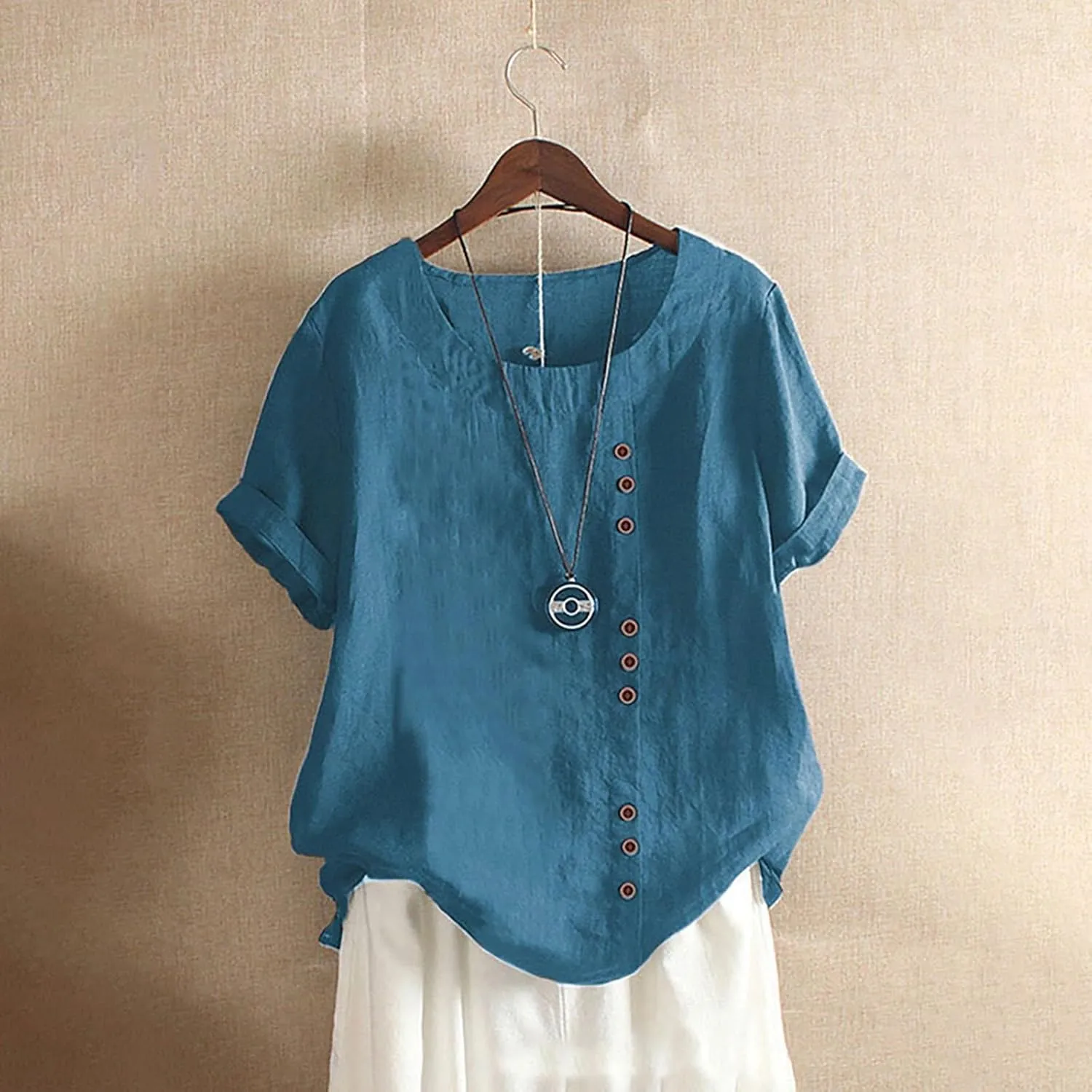 Women Cotton Linen Crew Neck Short Sleeve Basic Tunic Tee Front Button Going Out Casual Shirts Beach Tops Blouse