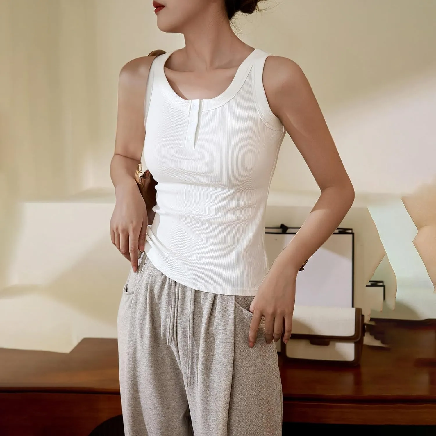 Women Cotton Tank Tops Solid Color Basic Scoop Neck Sleeveless Button Tee Shirts Summer Casual Slim Fit Beach Blouse