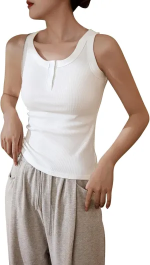 Women Cotton Tank Tops Solid Color Basic Scoop Neck Sleeveless Button Tee Shirts Summer Casual Slim Fit Beach Blouse
