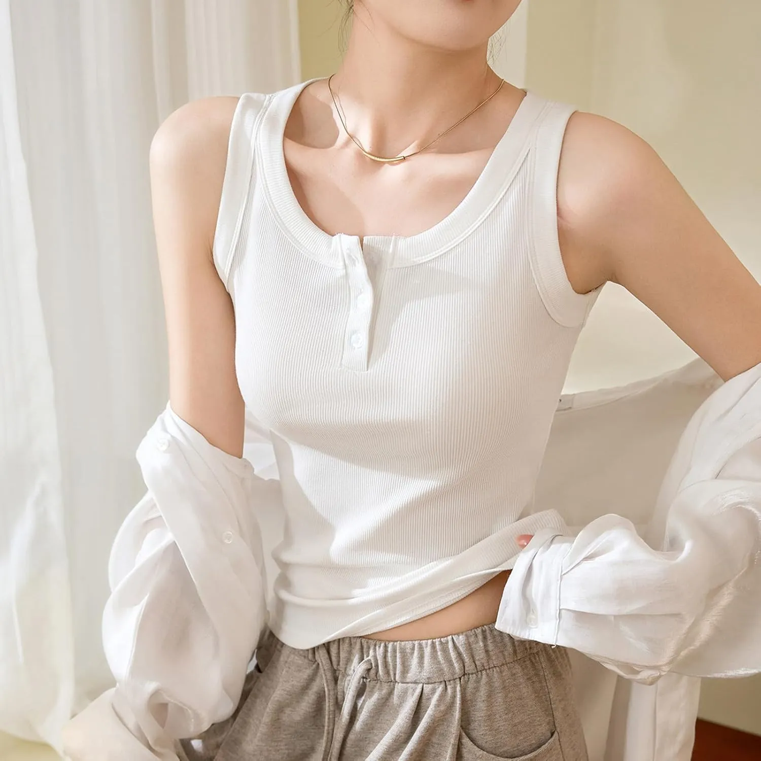 Women Cotton Tank Tops Solid Color Basic Scoop Neck Sleeveless Button Tee Shirts Summer Casual Slim Fit Beach Blouse