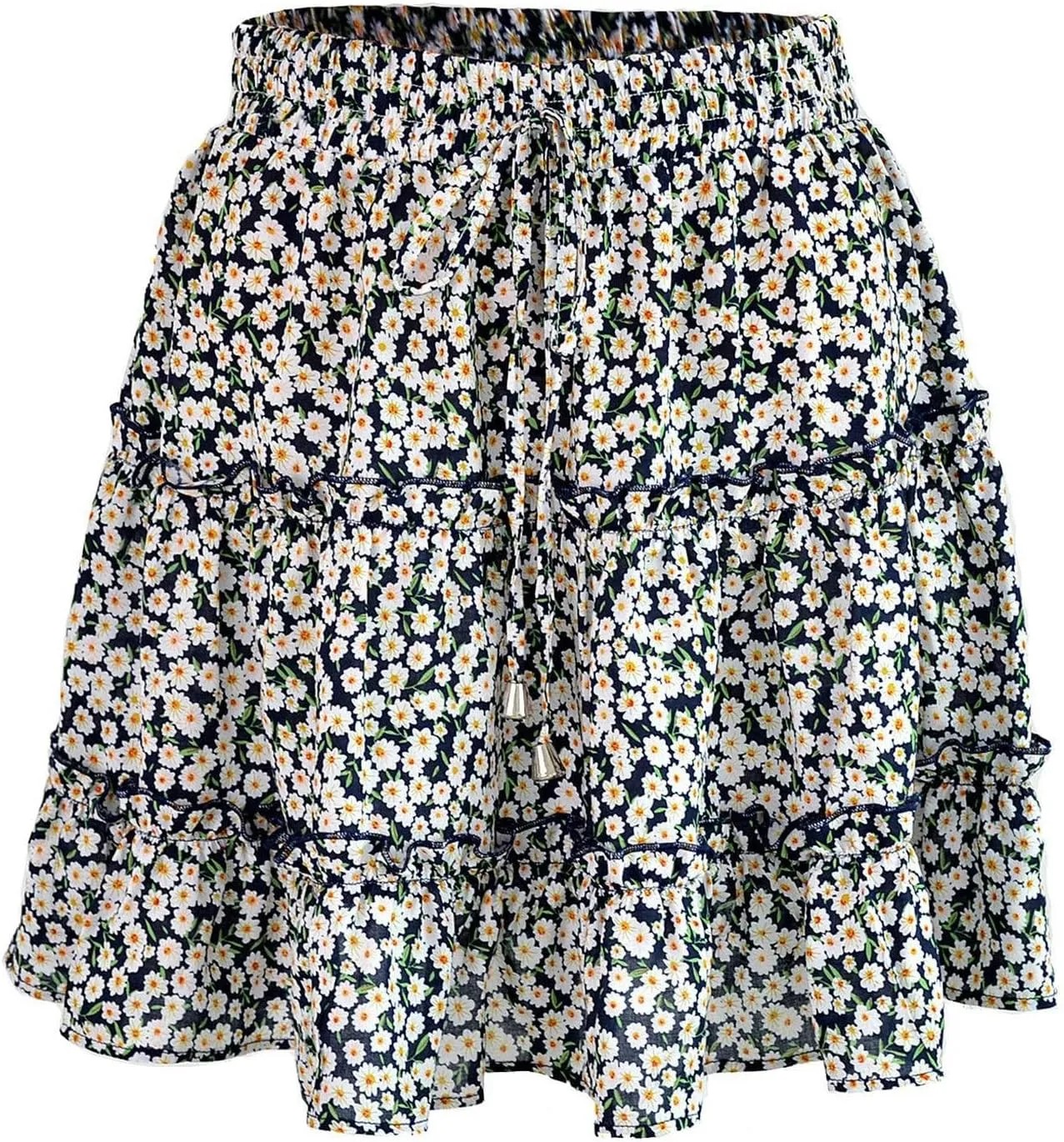 Women Elastic Waist Mini Skirts Floral Printed Pleated Ruffle Hem Flowy A Line Skirt Beach Vacation Skorts