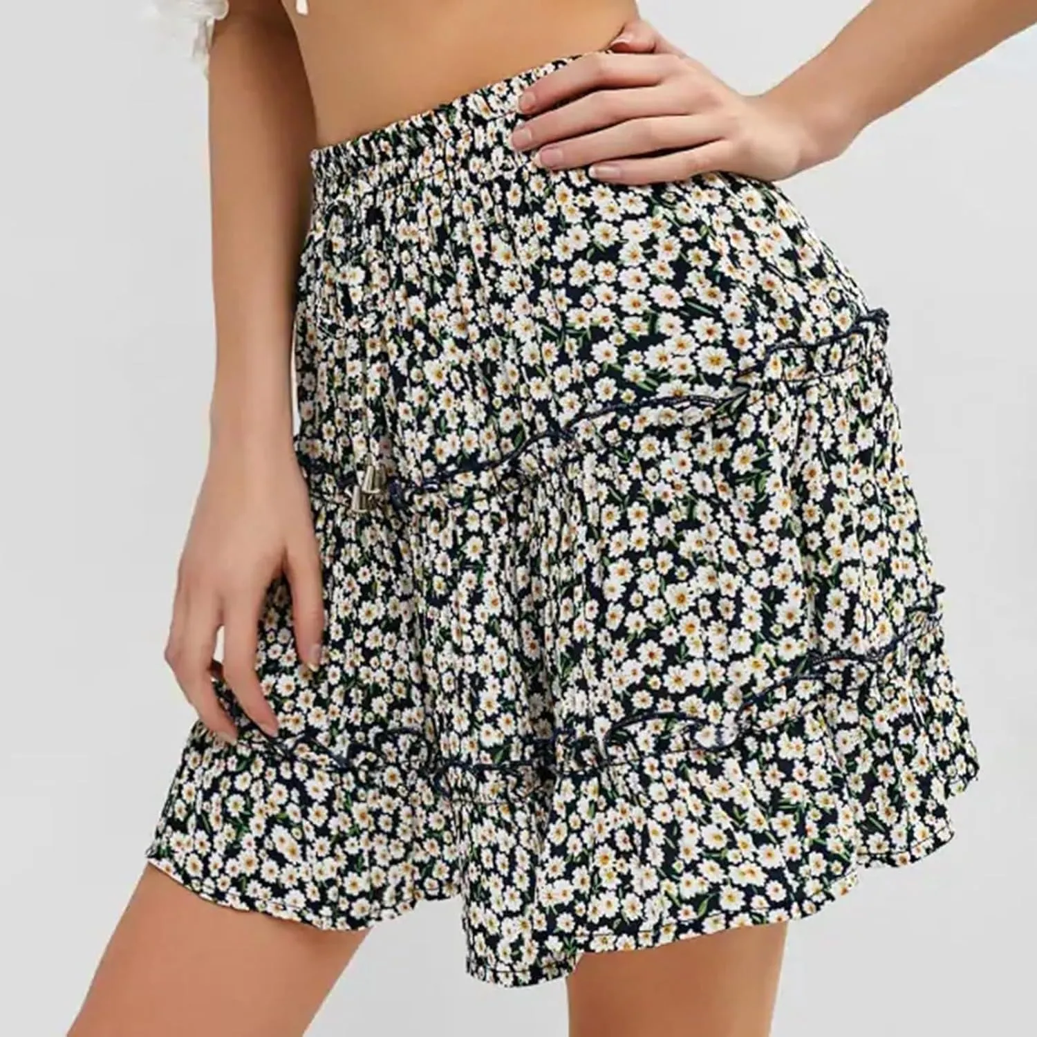 Women Elastic Waist Mini Skirts Floral Printed Pleated Ruffle Hem Flowy A Line Skirt Beach Vacation Skorts