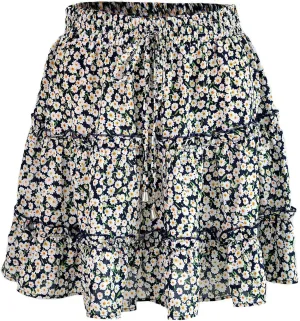 Women Elastic Waist Mini Skirts Floral Printed Pleated Ruffle Hem Flowy A Line Skirt Beach Vacation Skorts