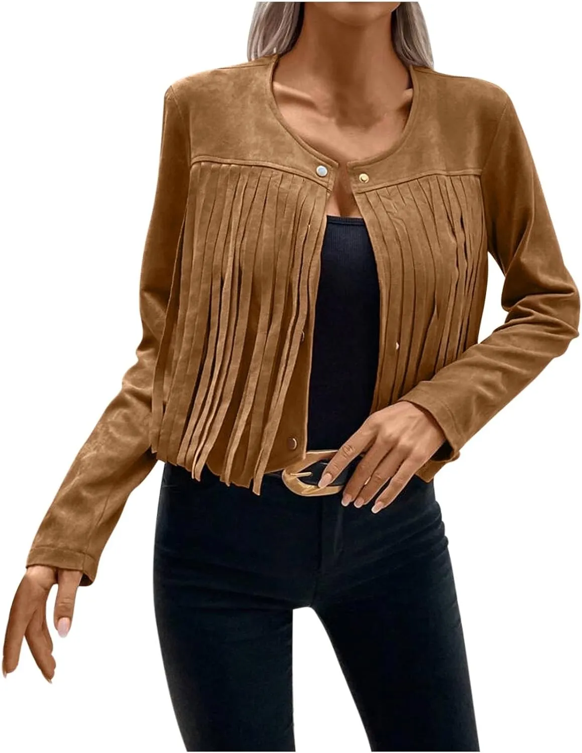 Women Elegant Crewneck Coats Double Breasted Wool Blend Over Crop Coat Classic Long Sleeve Loose CasuaL Suede Jacket