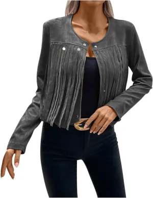 Women Elegant Crewneck Coats Double Breasted Wool Blend Over Crop Coat Classic Long Sleeve Loose CasuaL Suede Jacket