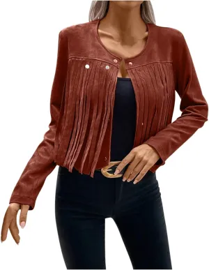Women Elegant Crewneck Coats Double Breasted Wool Blend Over Crop Coat Classic Long Sleeve Loose CasuaL Suede Jacket
