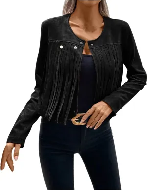 Women Elegant Crewneck Coats Double Breasted Wool Blend Over Crop Coat Classic Long Sleeve Loose CasuaL Suede Jacket