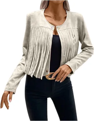 Women Elegant Crewneck Coats Double Breasted Wool Blend Over Crop Coat Classic Long Sleeve Loose CasuaL Suede Jacket