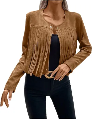Women Elegant Crewneck Coats Double Breasted Wool Blend Over Crop Coat Classic Long Sleeve Loose CasuaL Suede Jacket