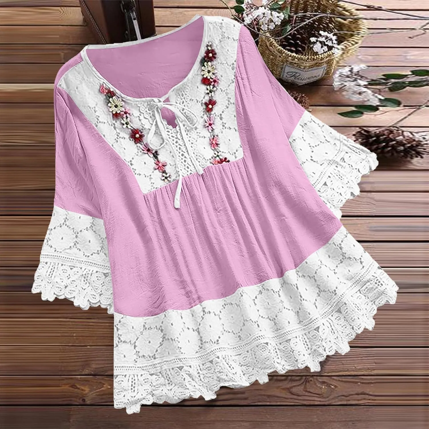 Women Embroidered Cotton Linen Tops Loose 3/4 Sleeve Summer Blouse Shirts Casual Dressy Trendy Clothes 2024