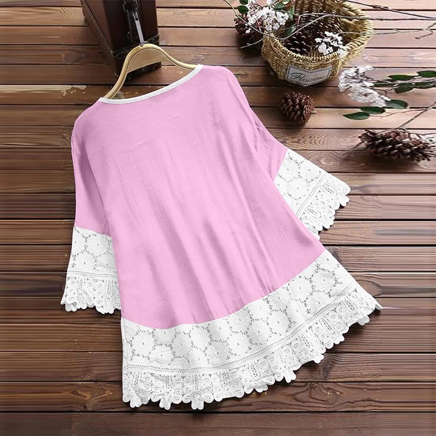 Women Embroidered Cotton Linen Tops Loose 3/4 Sleeve Summer Blouse Shirts Casual Dressy Trendy Clothes 2024