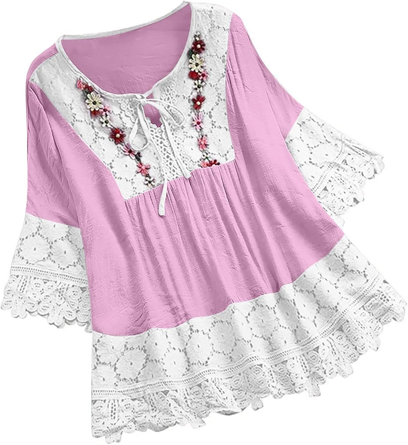 Women Embroidered Cotton Linen Tops Loose 3/4 Sleeve Summer Blouse Shirts Casual Dressy Trendy Clothes 2024