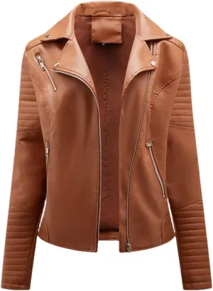 Women Faux Leather Jacket Moto Biker Zipper Jacket Spring Autumn Motorcycle Coat Red Black Yellow Brown Coat