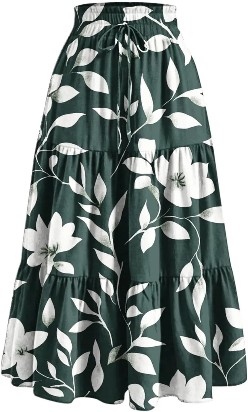 Women Floral Bohemian Maxi Skirts Summer Beach Hawaiian Boho Skirt 2025 Casual Holiday Long-Skirts for Vacation