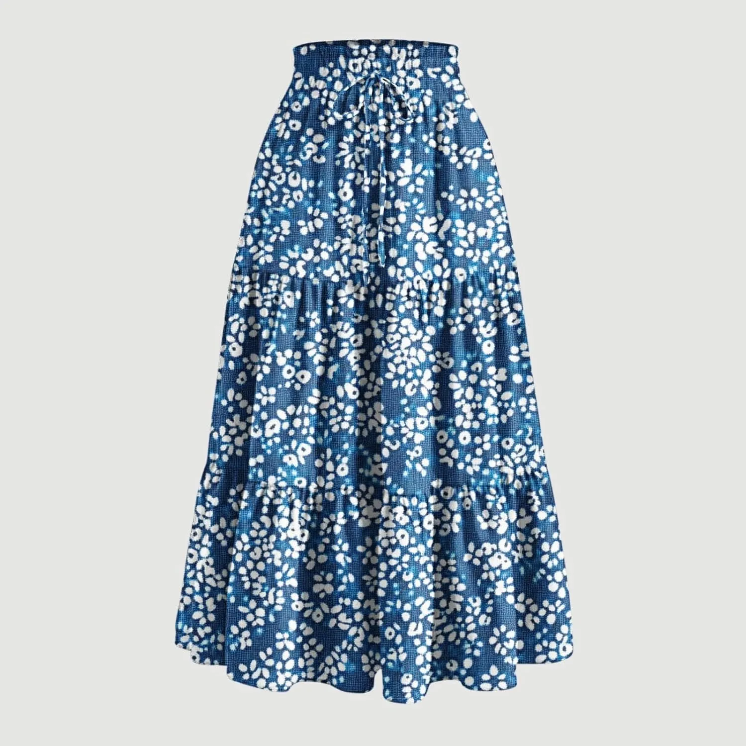 Women Floral Boho Long Skirts Drawstring Waist Vacation Hawaiian Maxi Skirt Flower Print Pleated Half Dress