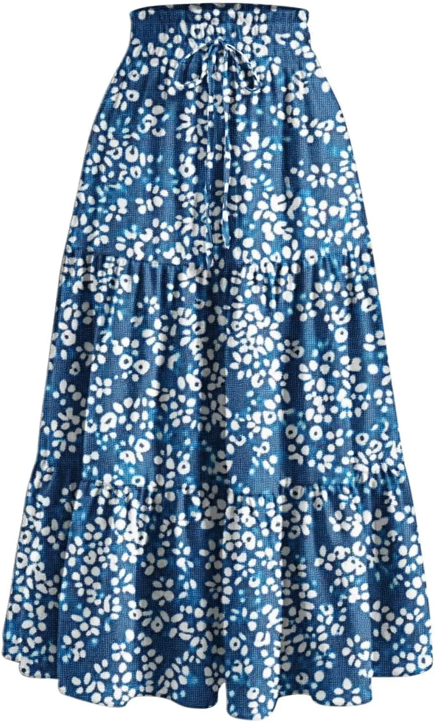 Women Floral Boho Long Skirts Drawstring Waist Vacation Hawaiian Maxi Skirt Flower Print Pleated Half Dress