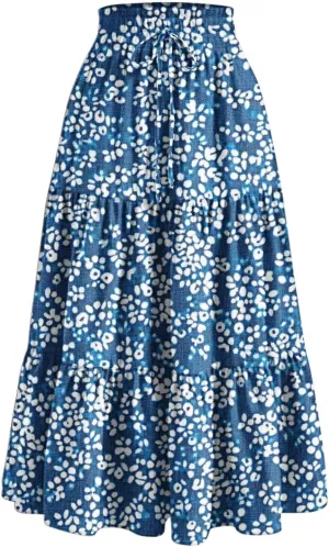 Women Floral Boho Long Skirts Drawstring Waist Vacation Hawaiian Maxi Skirt Flower Print Pleated Half Dress