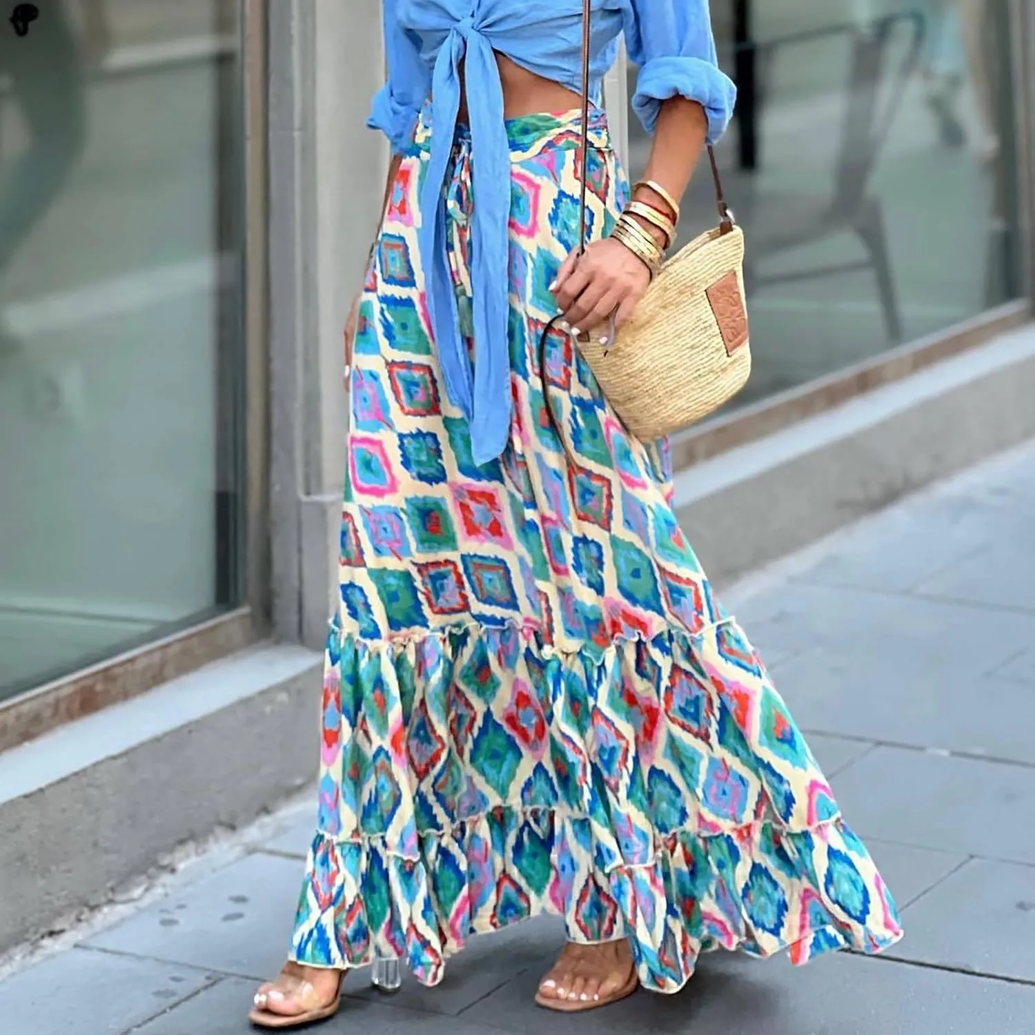 Women Floral Maxi Skirt Boho Flowy Long Skirt 2025 Summer Vacation Beach A-Line Tiered Skirts Comfy High Waist Dress
