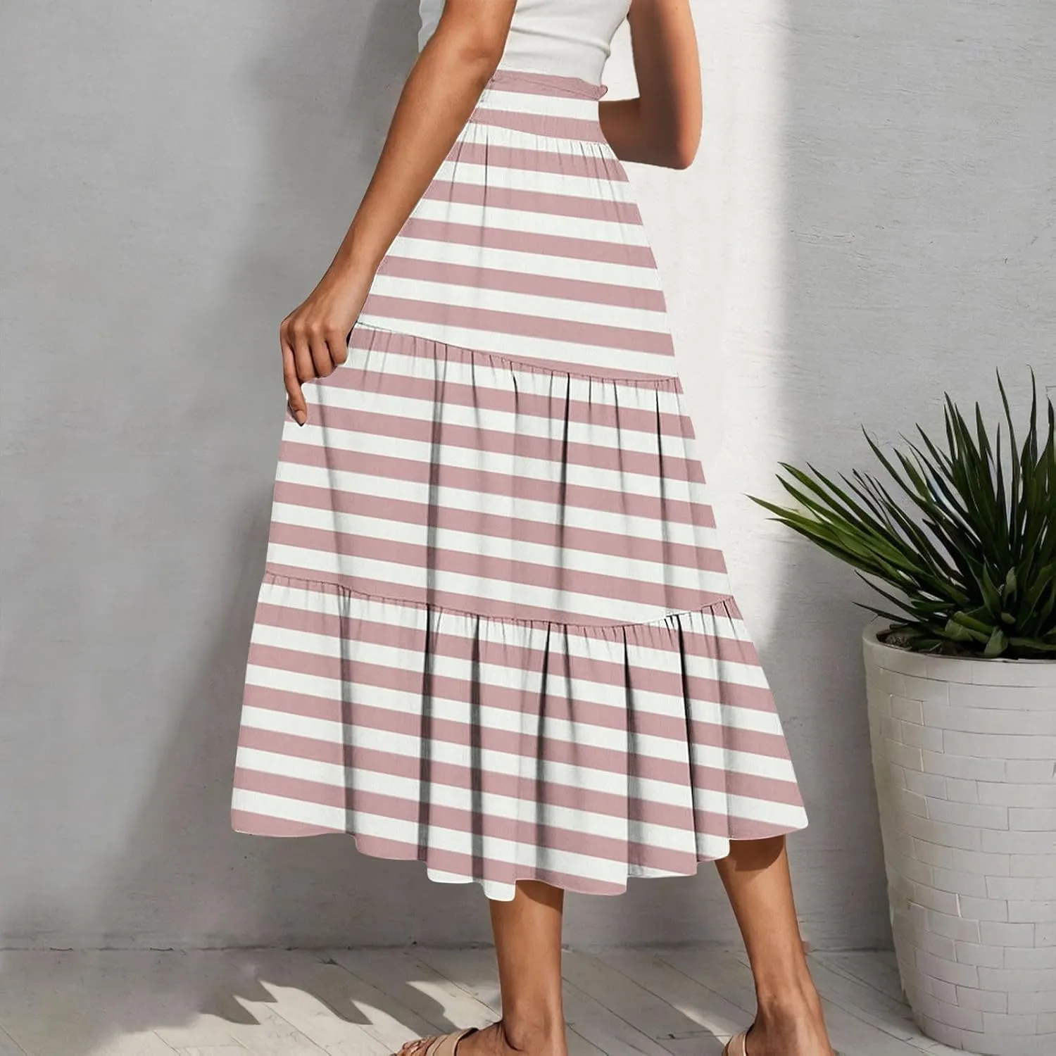 Women Flowy Pleated Skirts Elastic High Waist Drawstring Midi Skirt Boho Casual Summer Printed Ruffle Tiered Dress